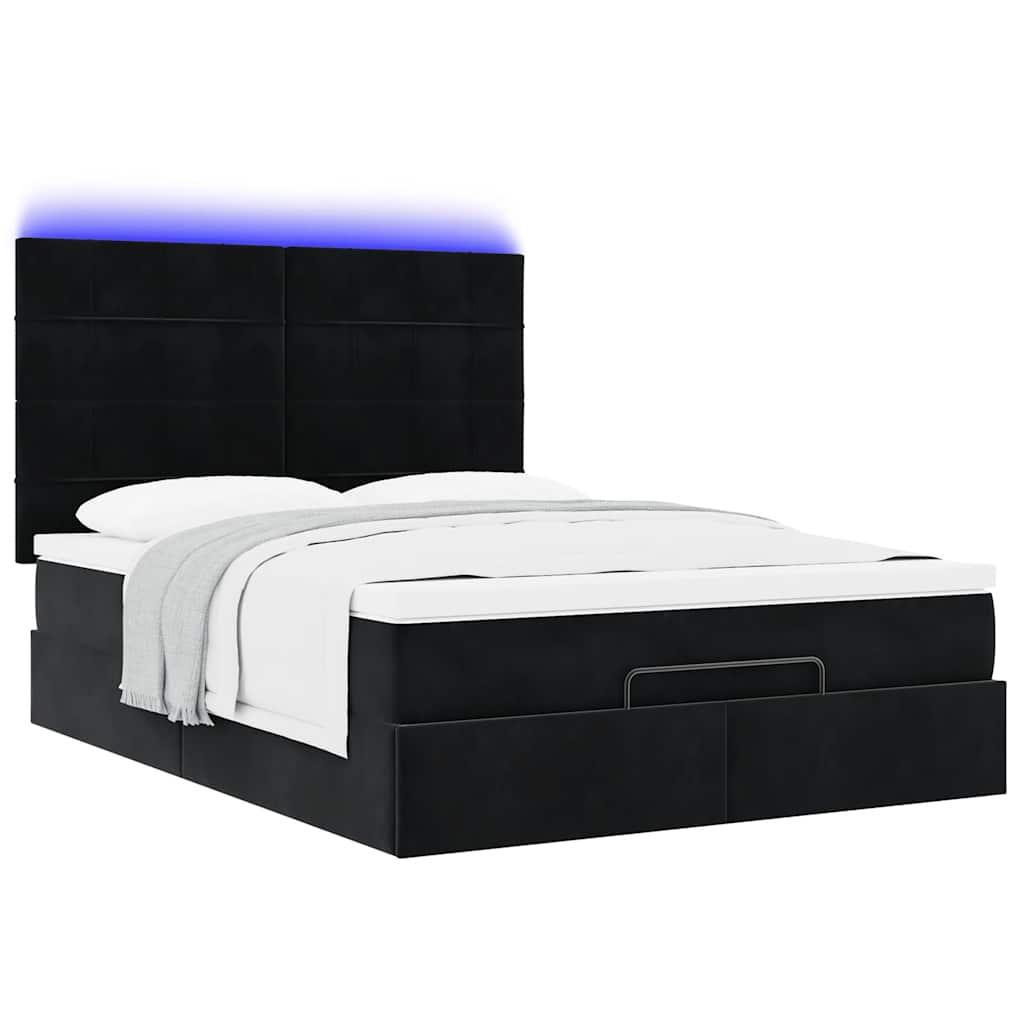 Ottoman Bed with Mattresses & LEDs Black Queen Velvet