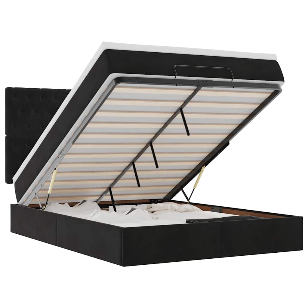 Ottoman Bed with Mattresses & LEDs Black Queen Velvet