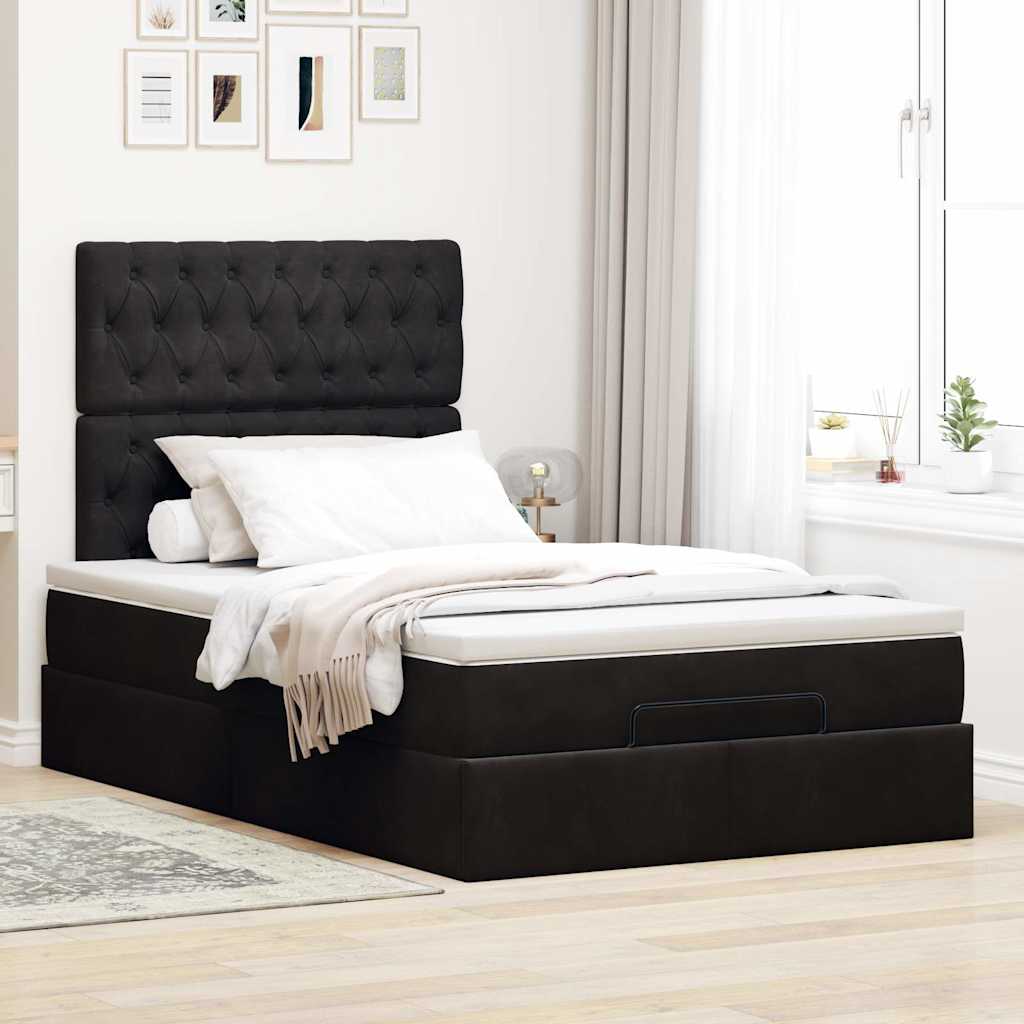 Ottoman Bed with Mattresses & LEDs Black King Single Velvet