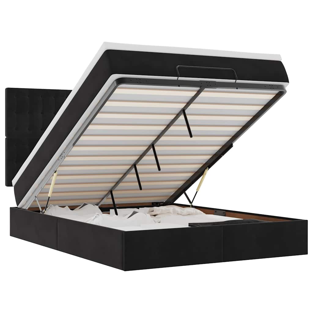 Ottoman Bed with Mattresses & LEDs Black Queen Velvet