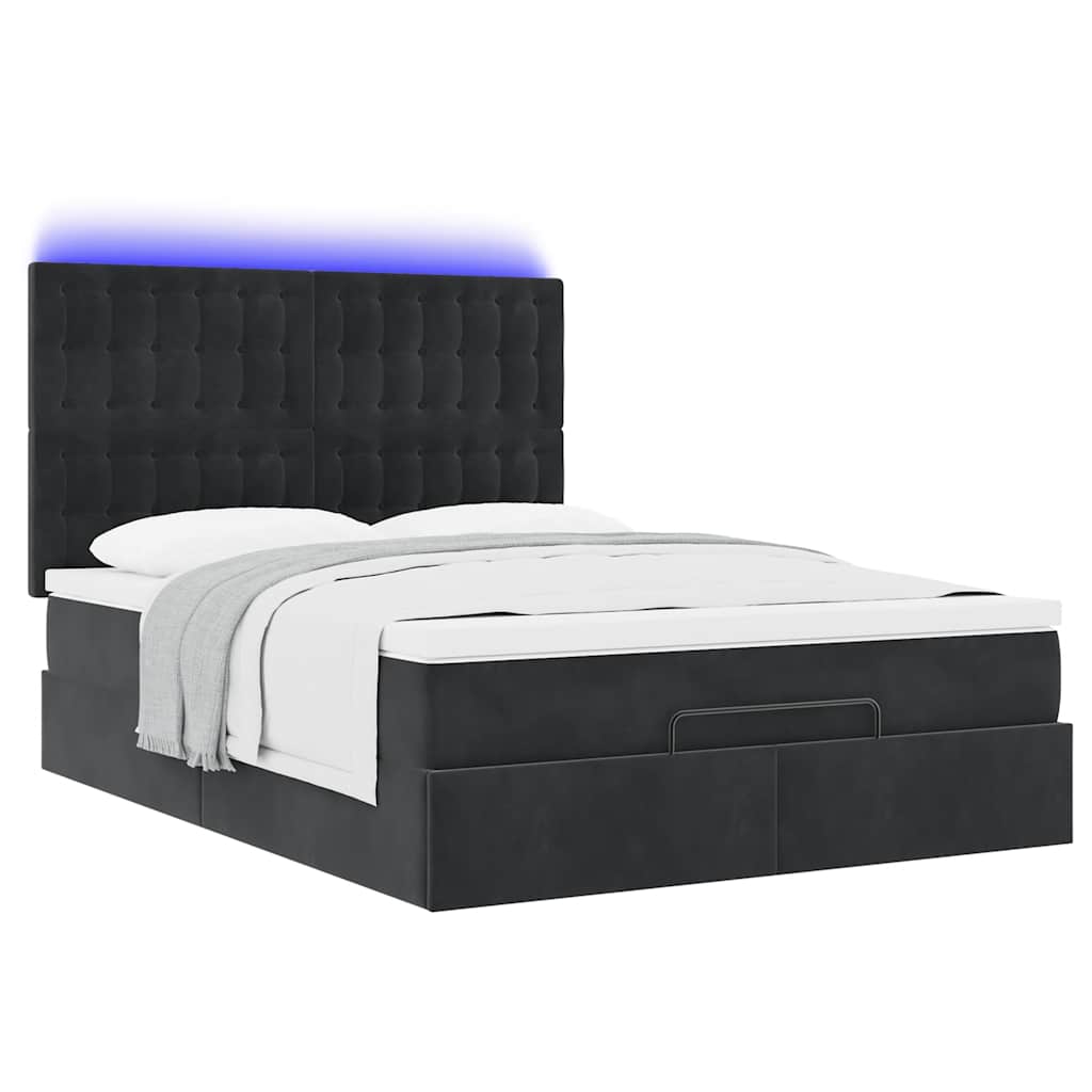 Ottoman Bed with Mattresses & LEDs Black Queen Velvet