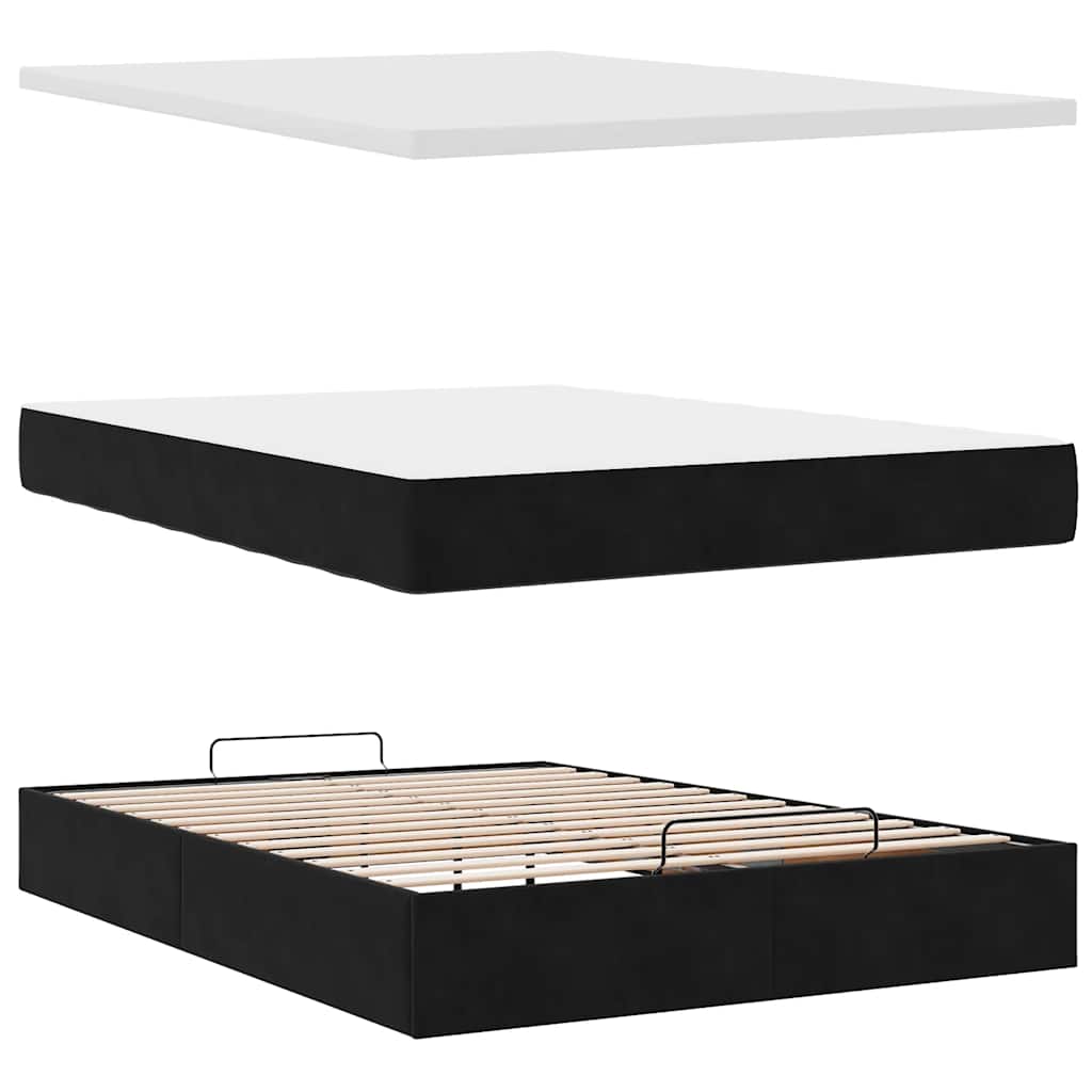 Ottoman Bed with Mattresses & LEDs Black Queen Velvet