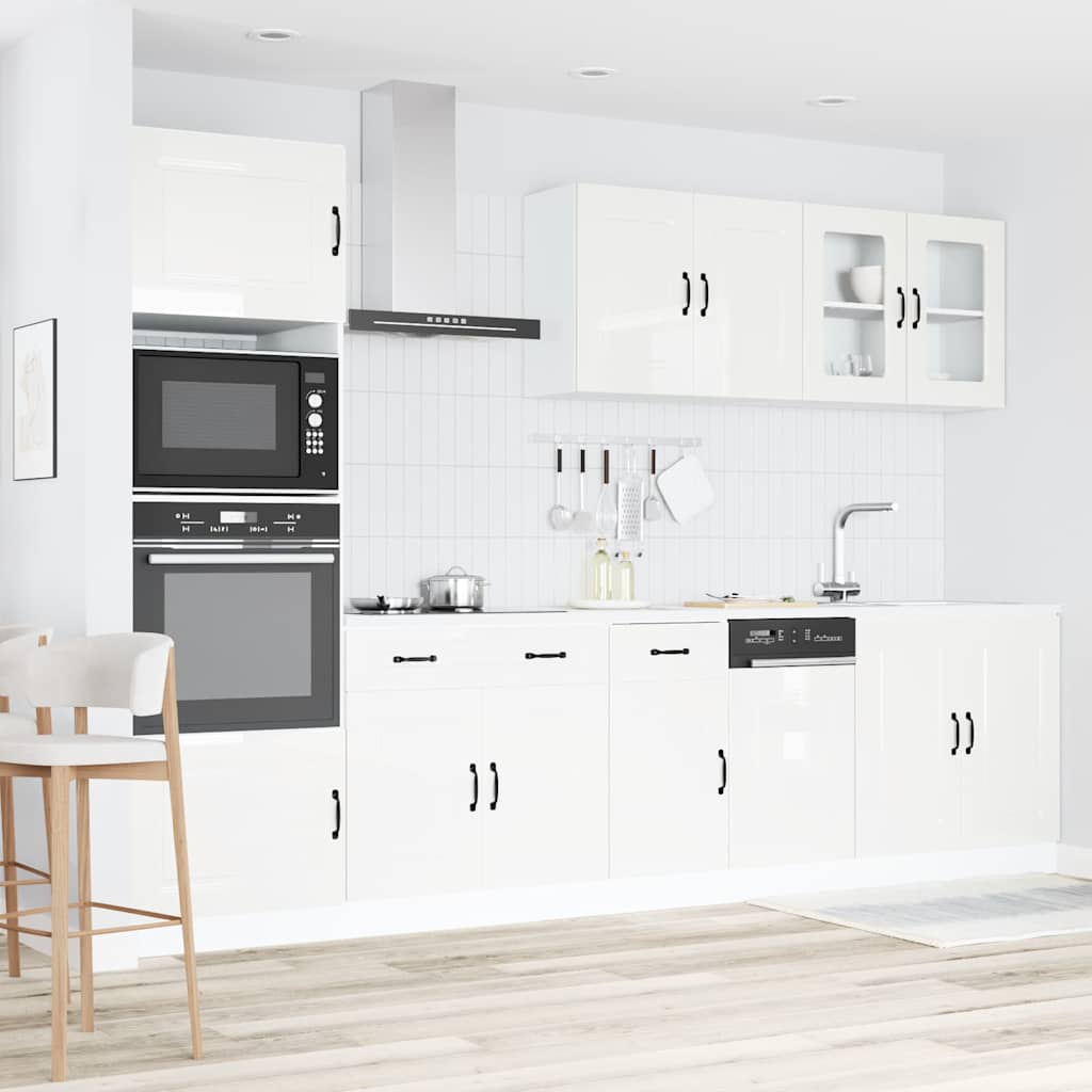 7 Piece Kitchen Cabinet Set "Kalmar" High Gloss White Engineered Wood