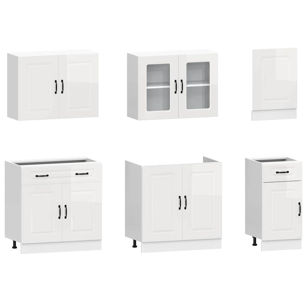 7 Piece Kitchen Cabinet Set "Kalmar" High Gloss White Engineered Wood