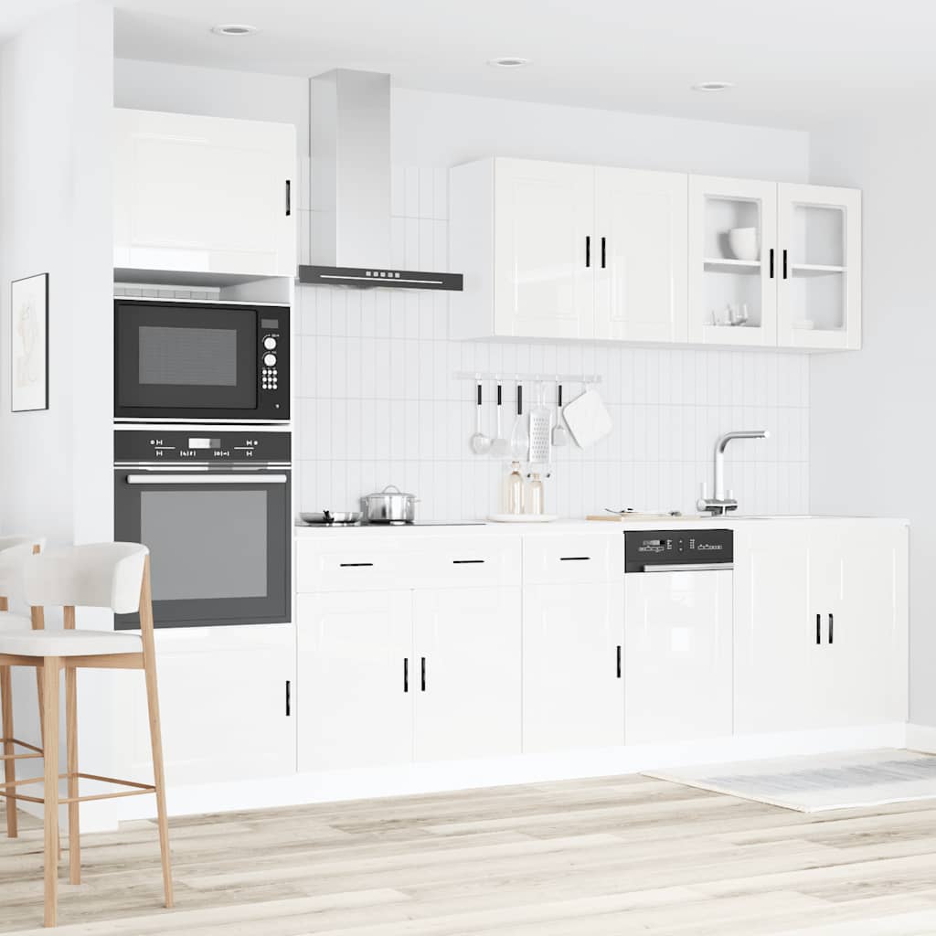 7 Piece Kitchen Cabinet Set "Kalmar" High Gloss White Engineered Wood