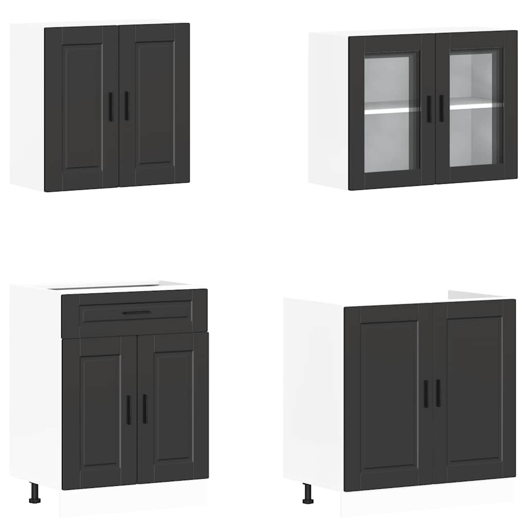 4 Piece Kitchen Cabinet Set "Porto" Black Engineered Wood