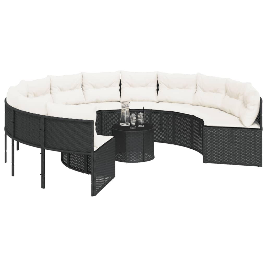 Garden Sofa with Table and Cushions Round Black Poly Rattan