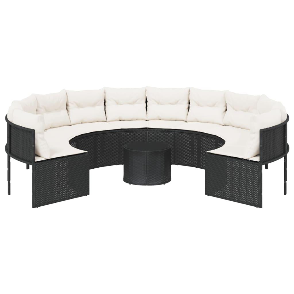 Garden Sofa with Table and Cushions Round Black Poly Rattan