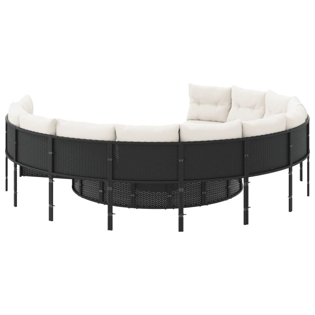 Garden Sofa with Table and Cushions Round Black Poly Rattan