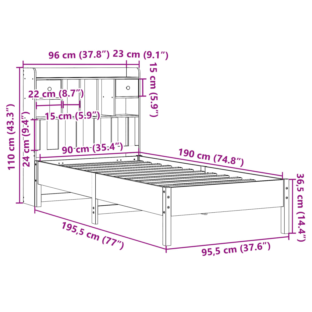 Bookcase Bed without Mattress 90x190cm Solid Wood Pine
