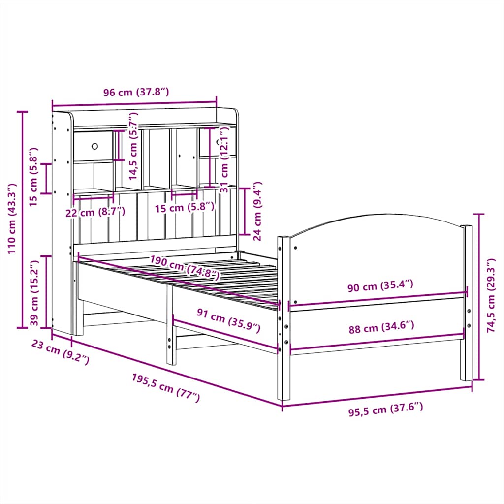 Bookcase Bed without Mattress 90x190cm Solid Wood Pine