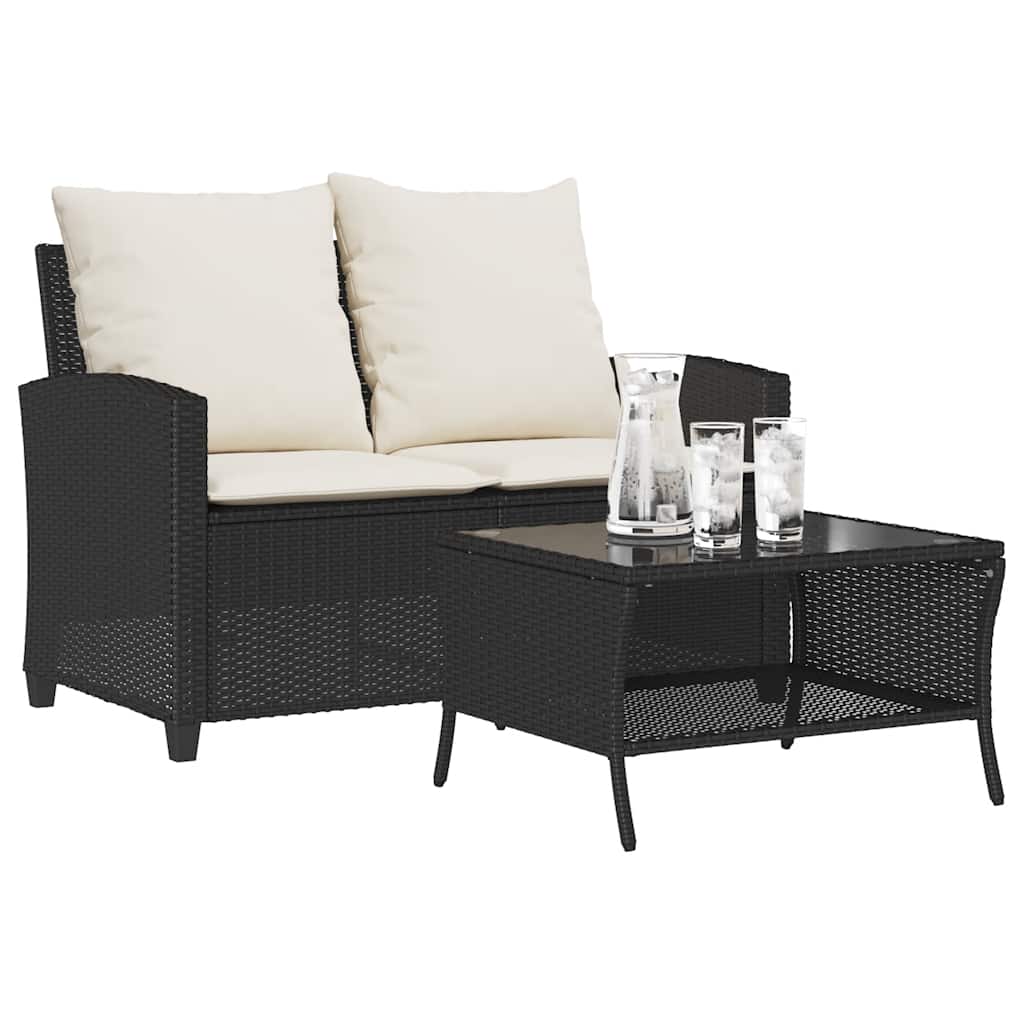 Garden Sofa 2-Seater with Cushions&Table Black Poly Rattan
