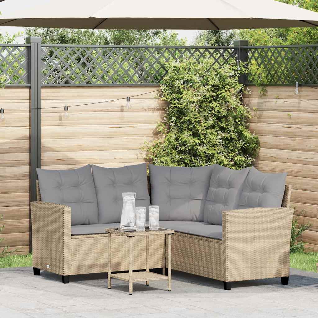 Garden Sofa with Table&Cushions L-shaped Beige Poly Rattan