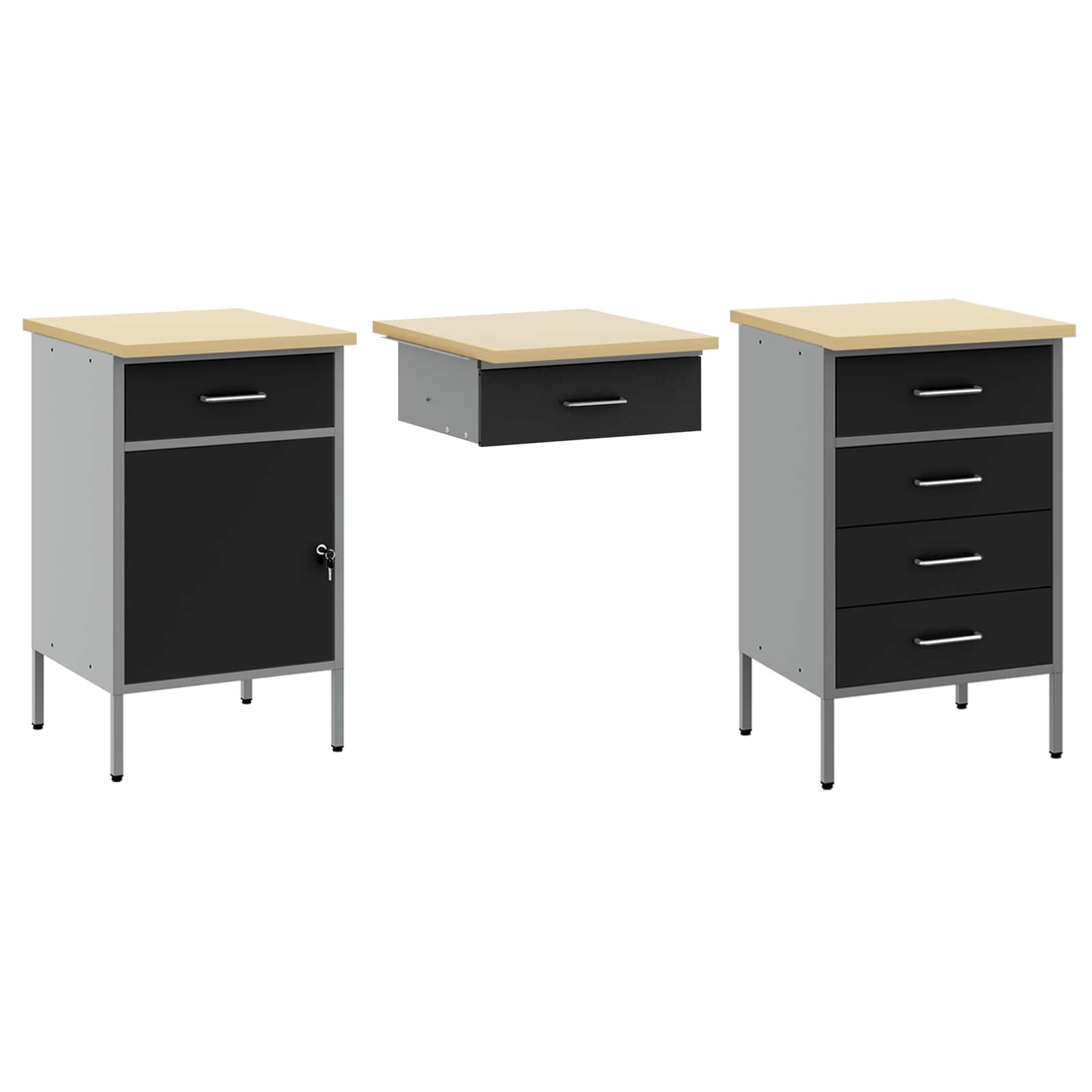 Work Cabinet with Drawer 3 pcs Black Engineered wood and steel