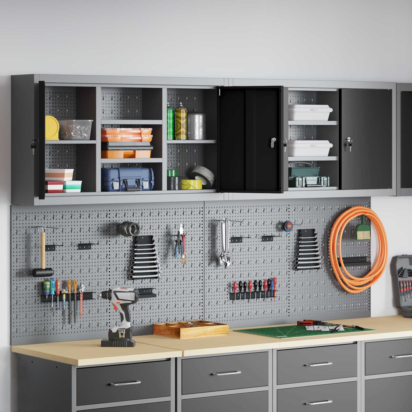 Tool Cabinet Set with Shelf 4 pcs Black Powder-Coated Steel