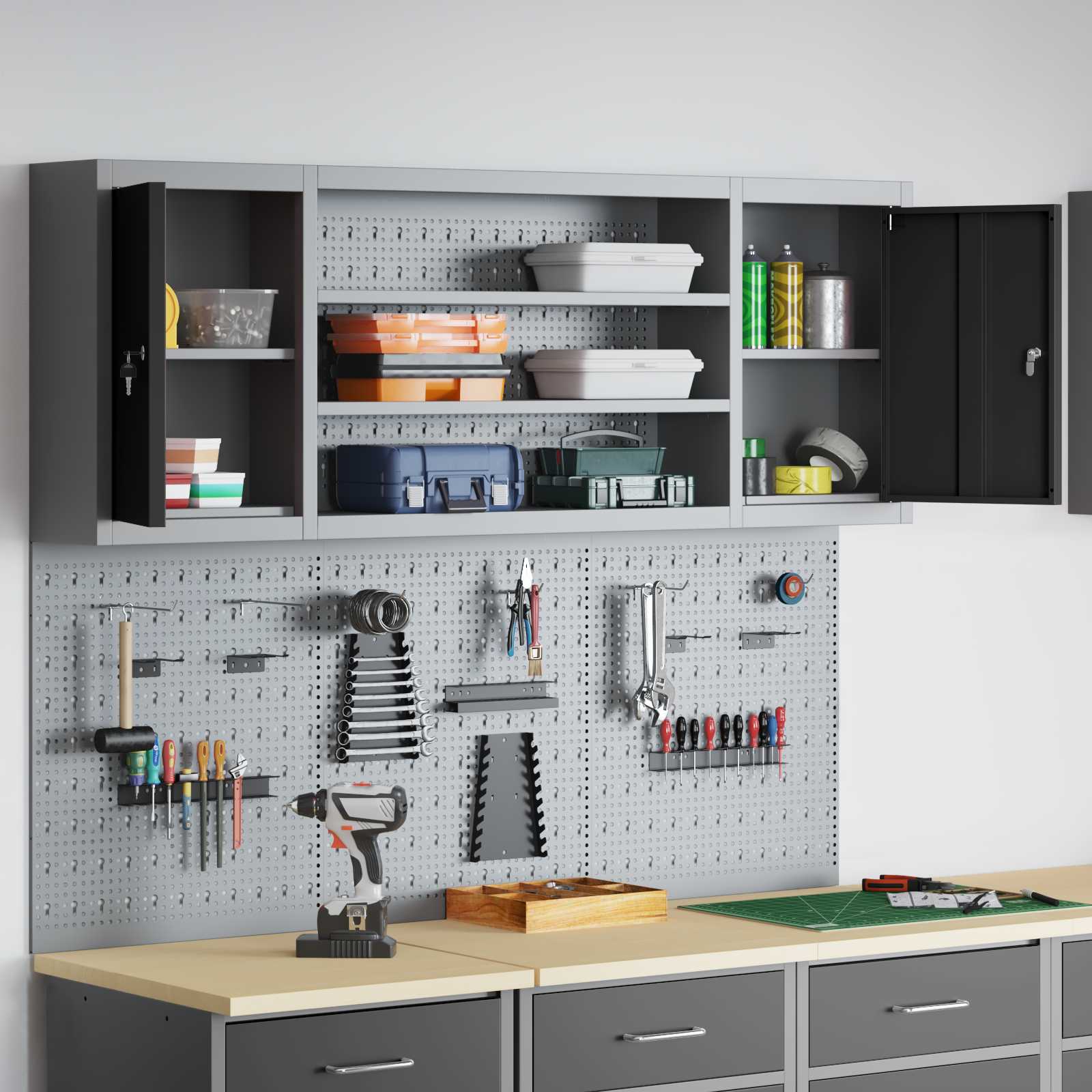 Tool Cabinet Set with Shelf 6 pcs Black Powder-Coated Steel