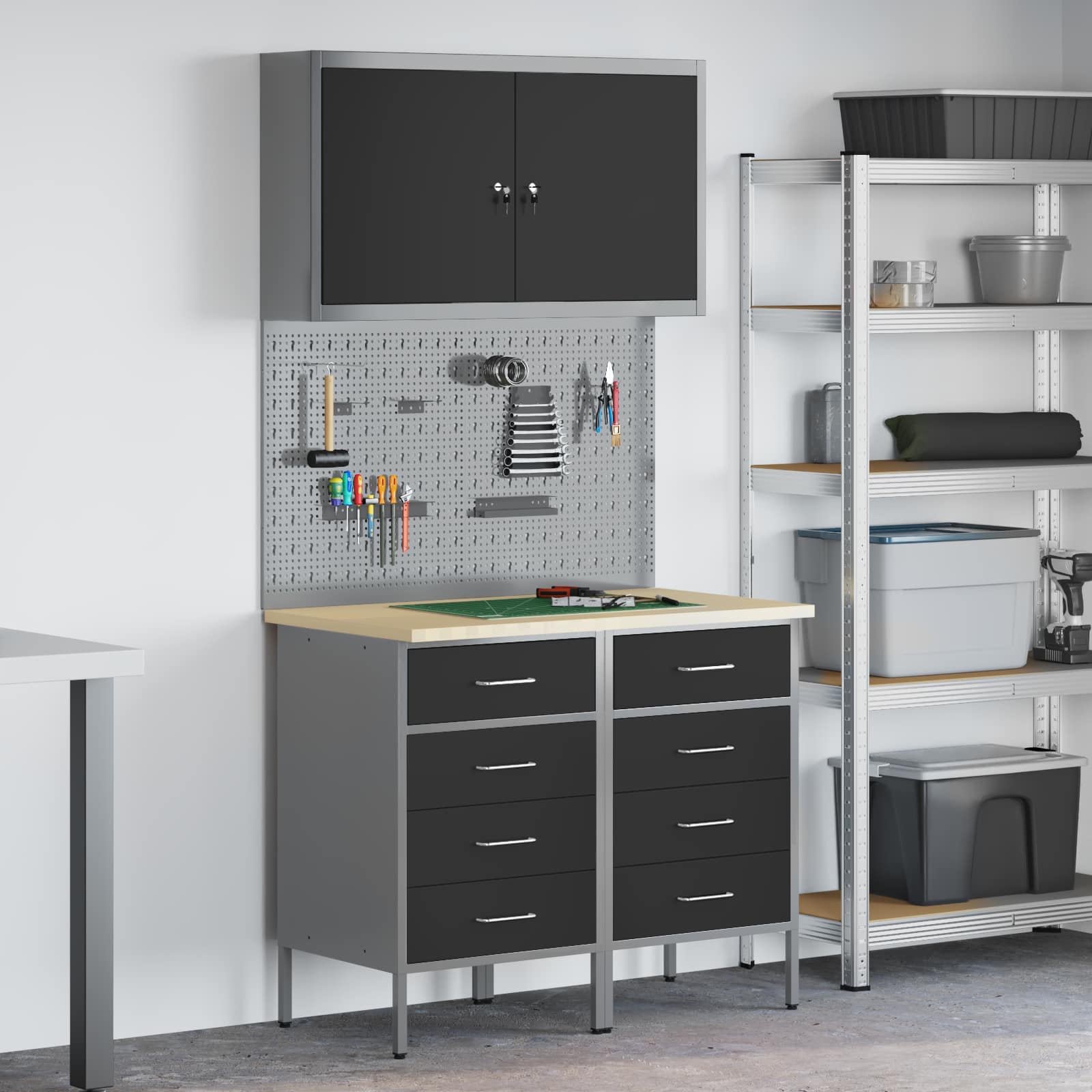 Work Cabinet with Drawer 5 pcs Black Engineered wood and steel