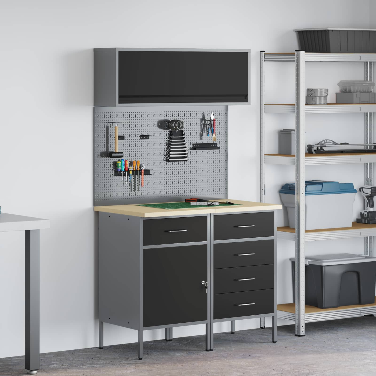 Work Cabinet Set with Drawer with Shelf Manual 5 pcs Black