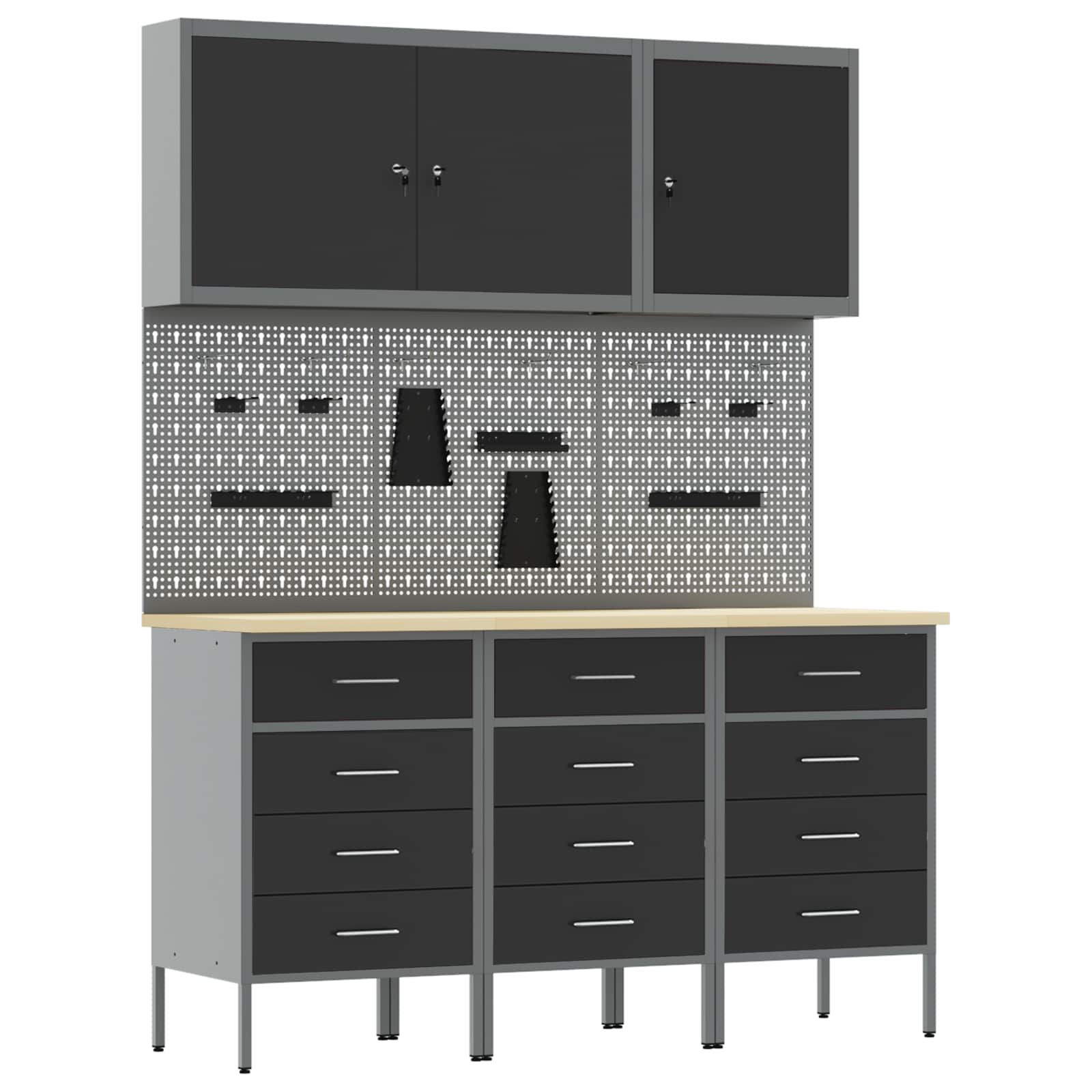 Work Cabinet with Drawer 8 pcs Black Engineered wood and steel
