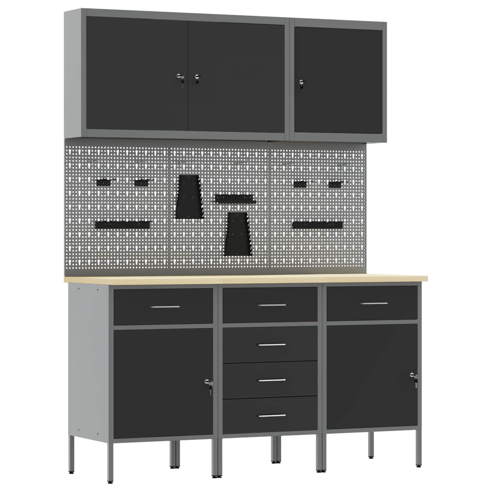 Work Cabinet 8 pcs Black and Grey Engineered wood and steel