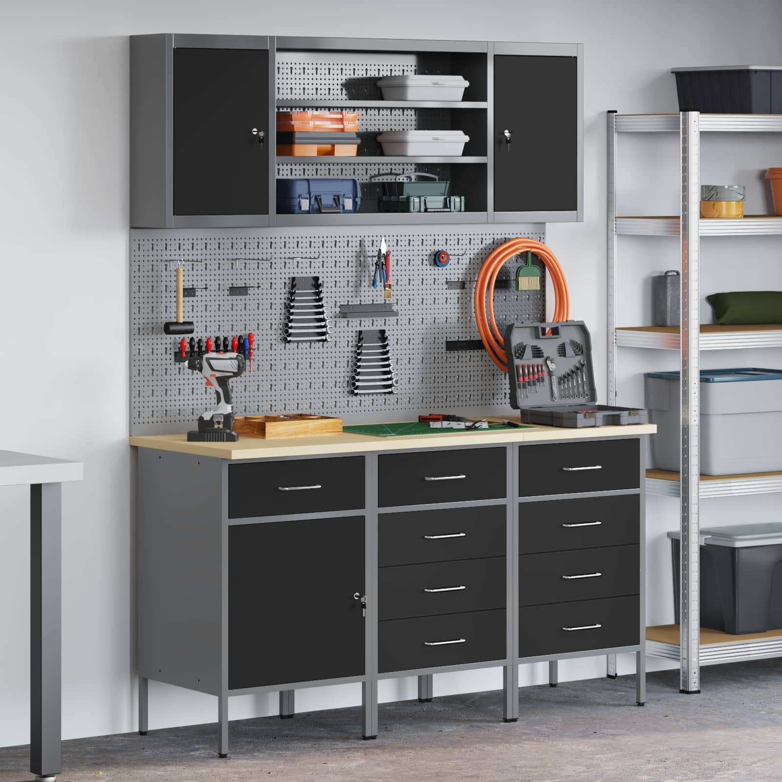 Work Cabinet 7 pcs Black and Grey Engineered wood and steel