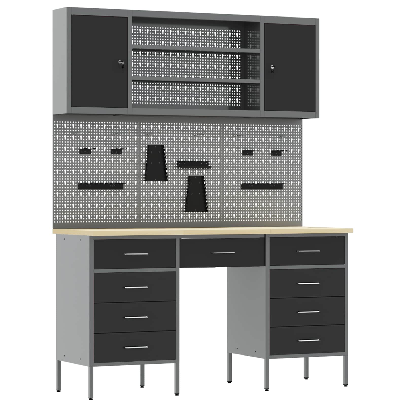 Work Cabinet with Drawer 7 pcs Black Engineered wood and steel