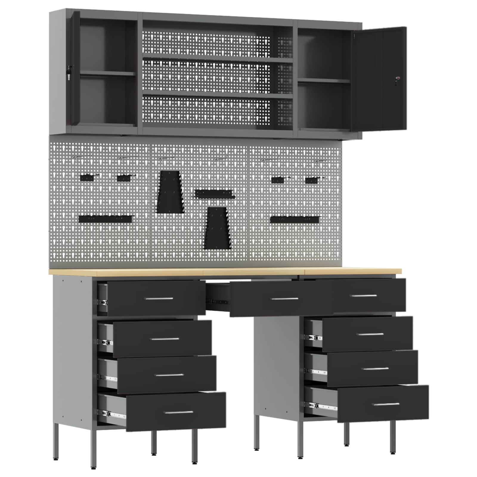 Work Cabinet with Drawer 7 pcs Black Engineered wood and steel