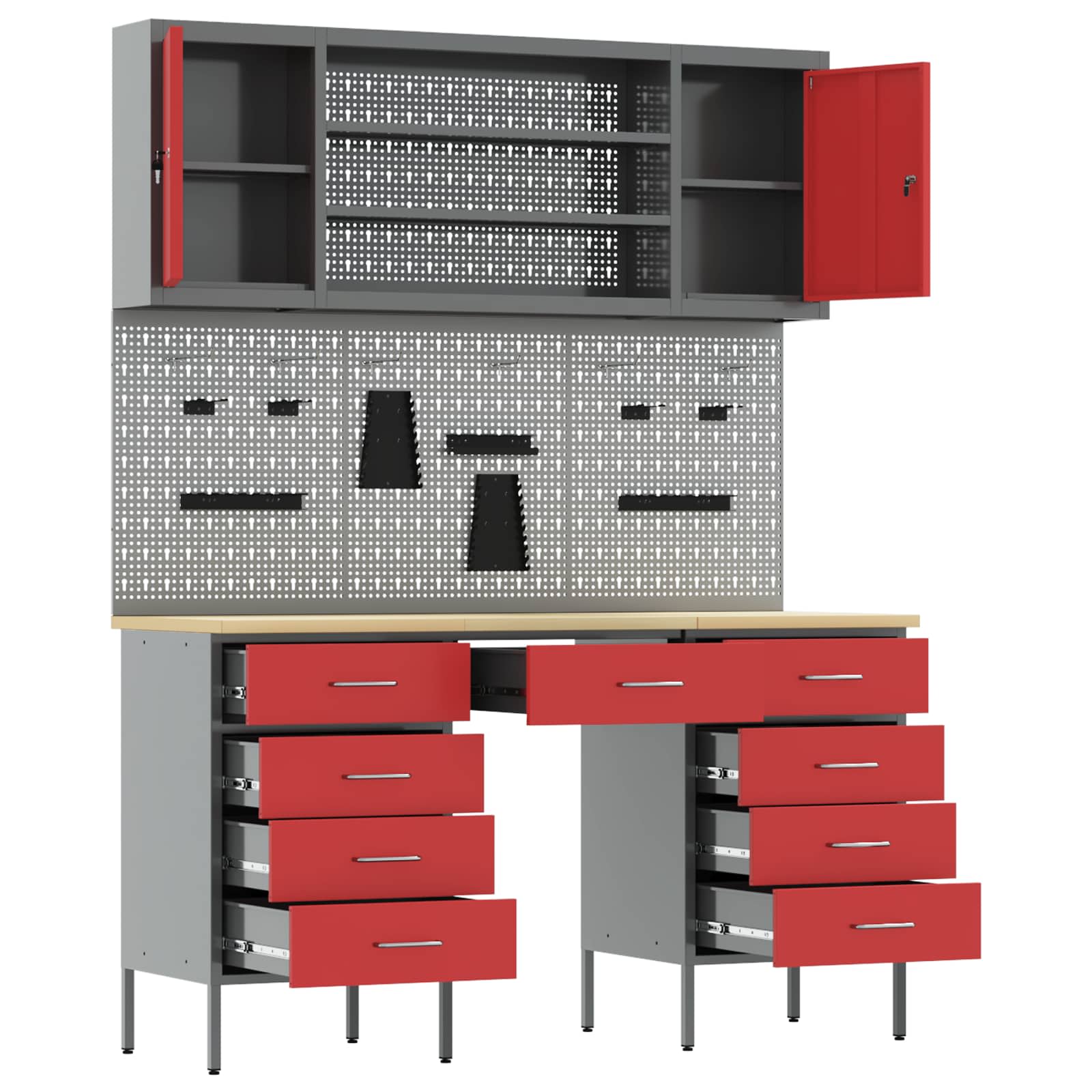 Work Cabinet 7 pcs Red and Grey Engineered wood and steel
