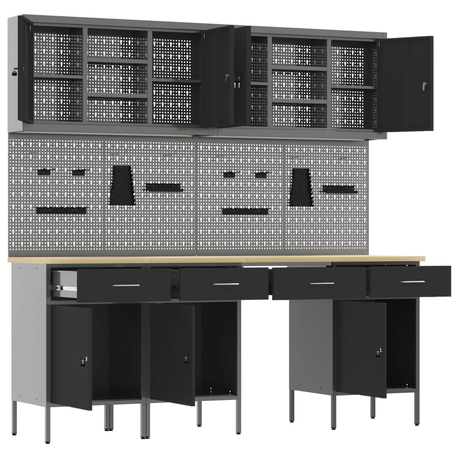 Work Cabinet with Drawer 10 pcs Black Engineered wood and steel