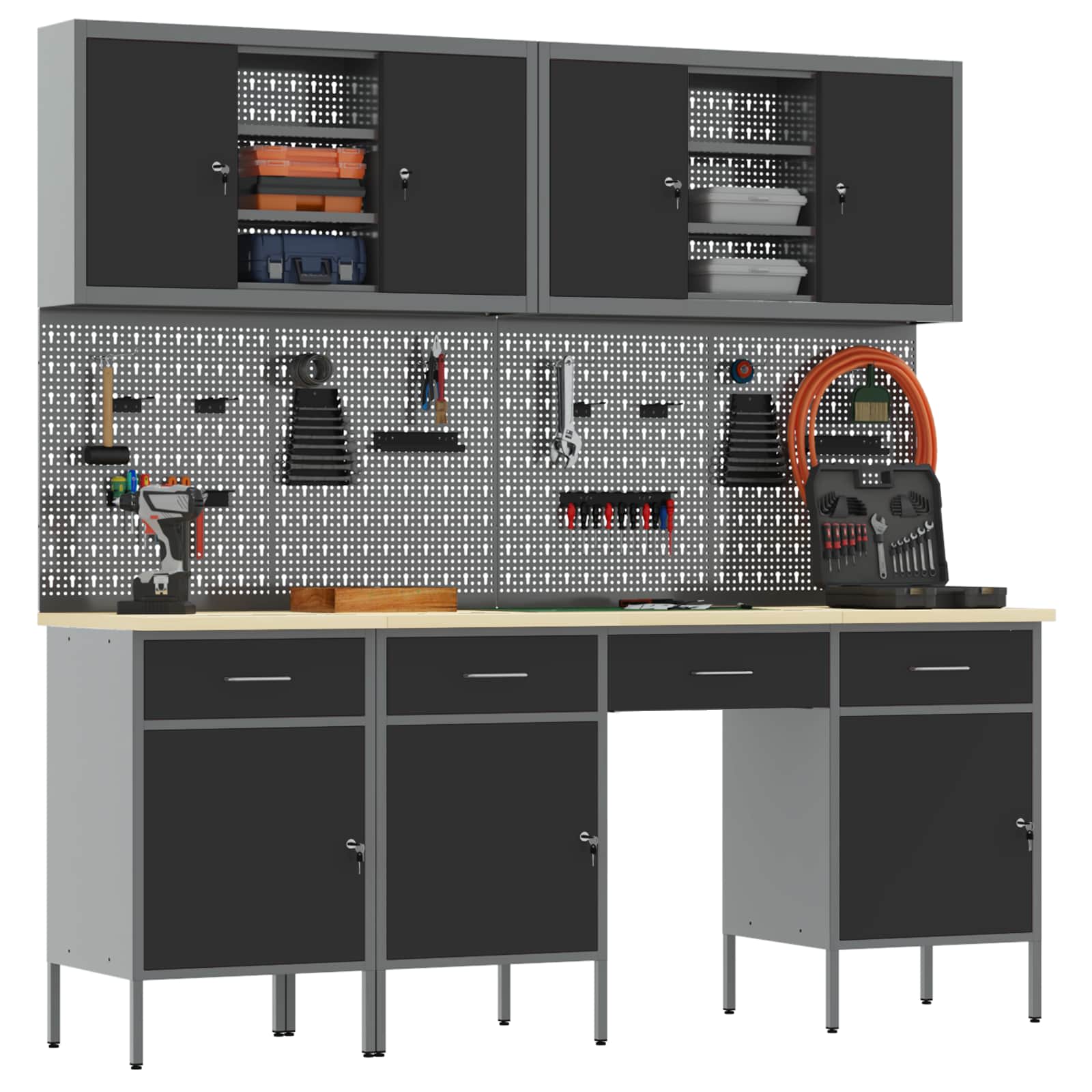 Work Cabinet with Drawer 10 pcs Black Engineered wood and steel