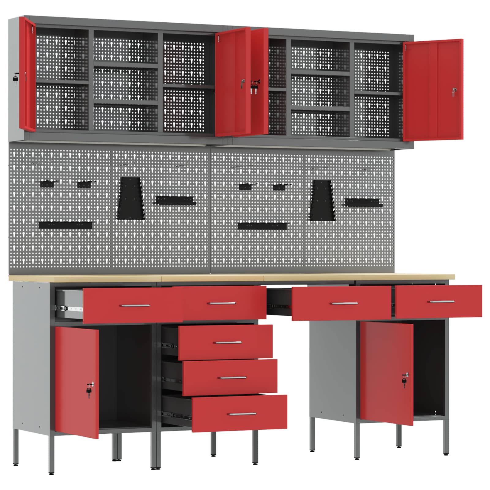 Work Cabinet with Drawer 10 pcs Red Engineered wood and steel