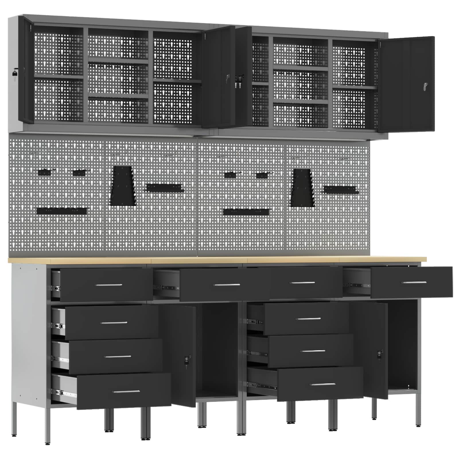 Work Cabinet with Drawer 10 pcs Black Engineered wood and steel