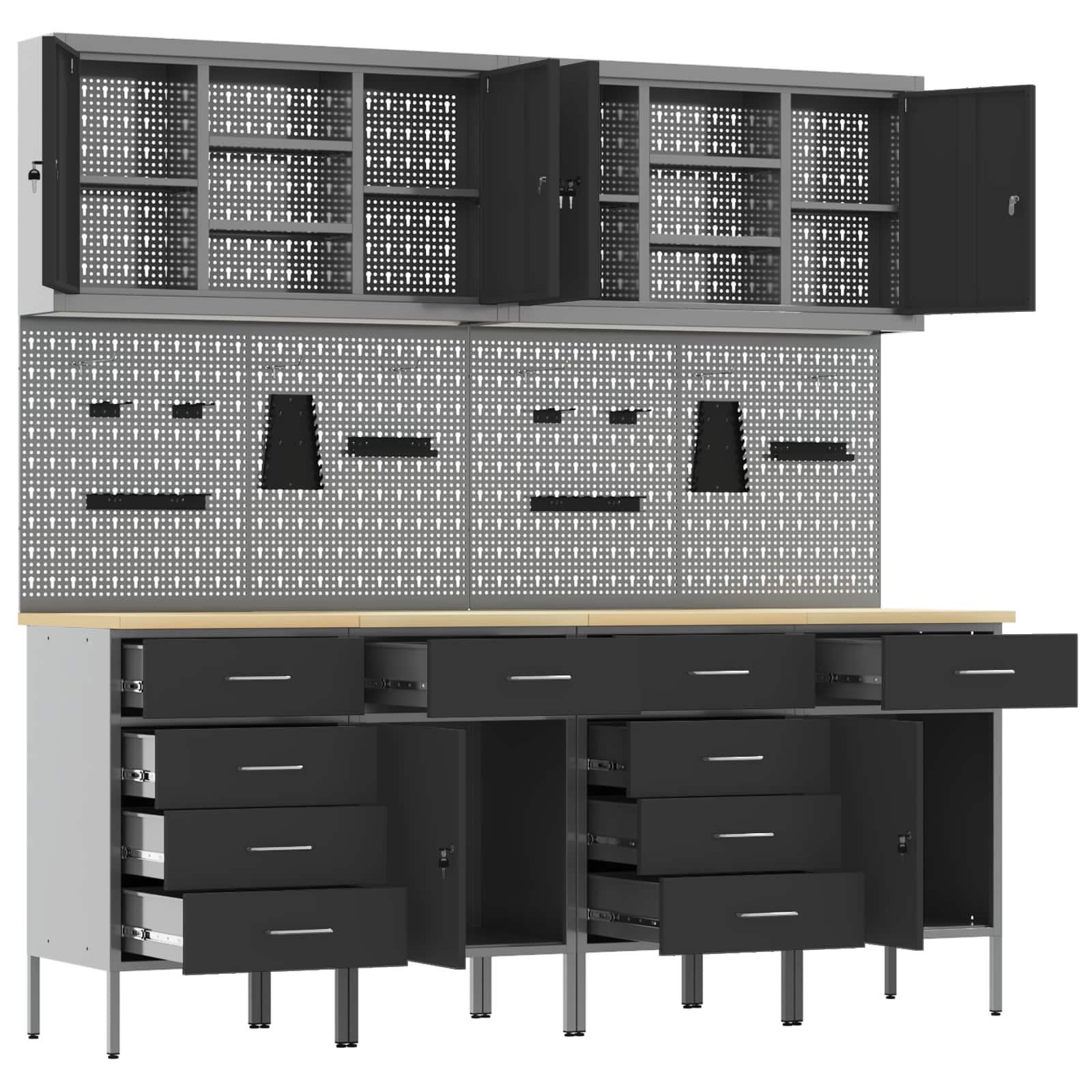 Work Cabinet with Drawer 10 pcs Black Engineered wood and steel