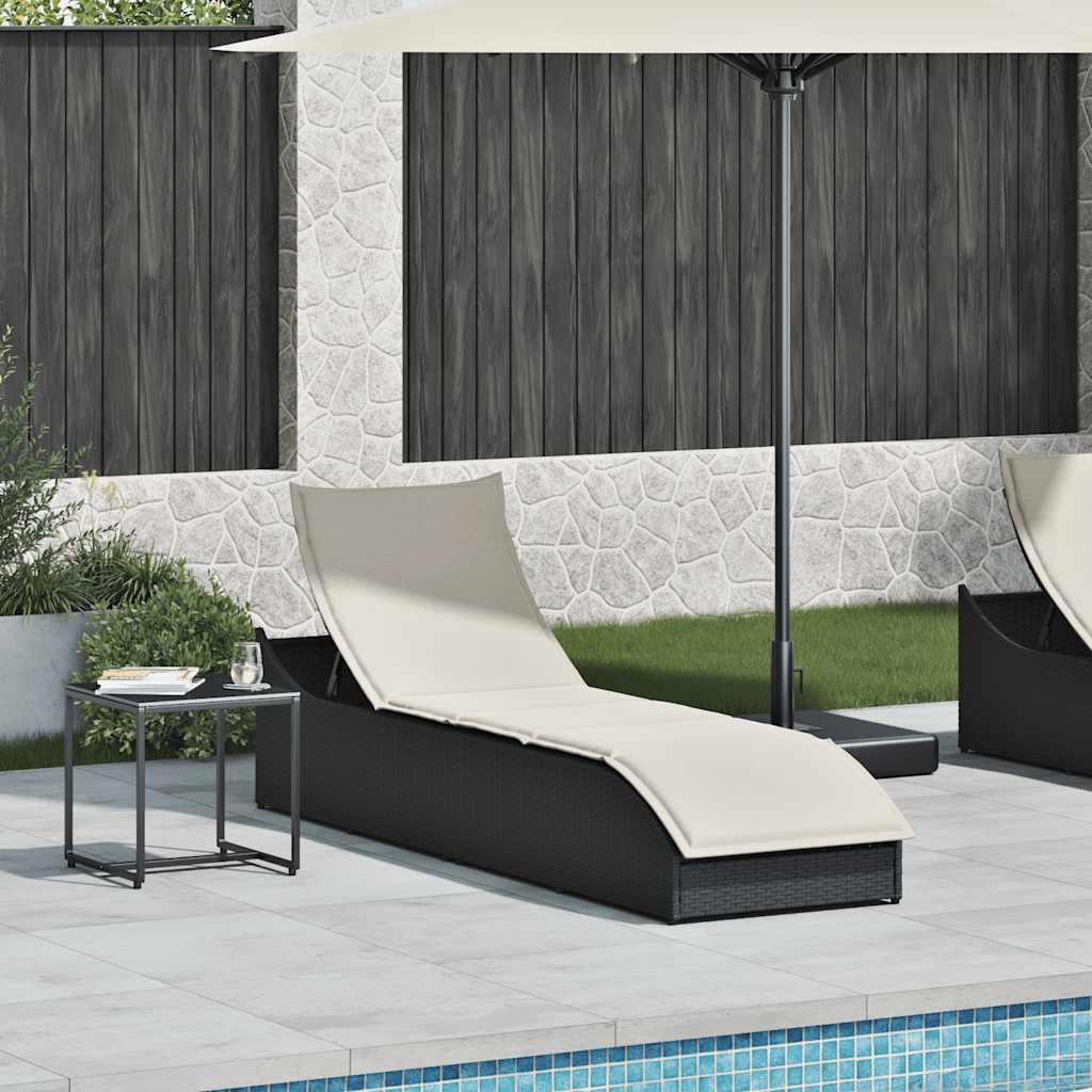 Folding Sun Lounger with Cushion and Storage Black Poly Rattan
