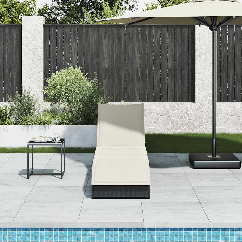 Folding Sun Lounger with Cushion and Storage Black Poly Rattan