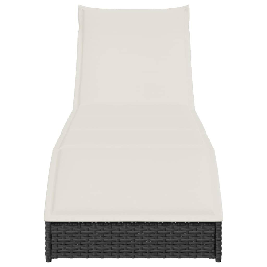 Folding Sun Lounger with Cushion and Storage Black Poly Rattan