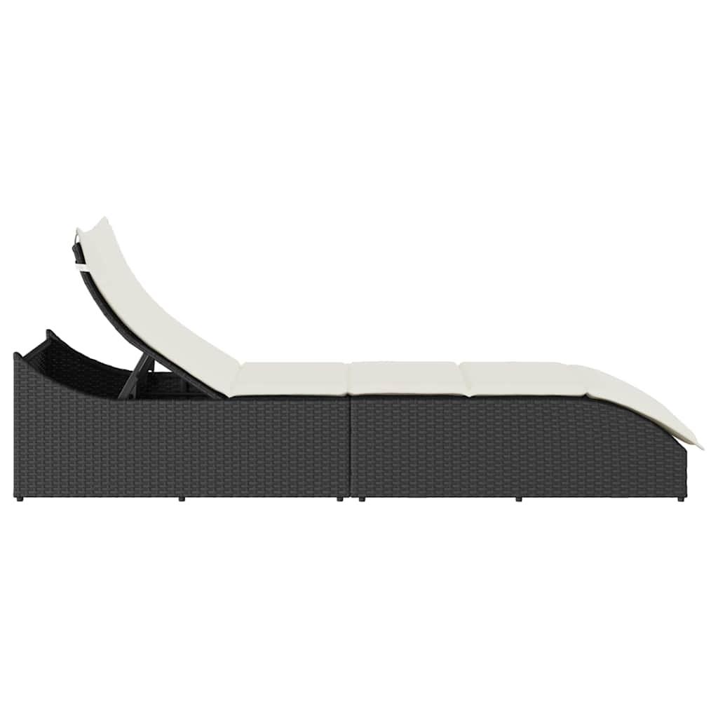 Folding Sun Lounger with Cushion and Storage Black Poly Rattan