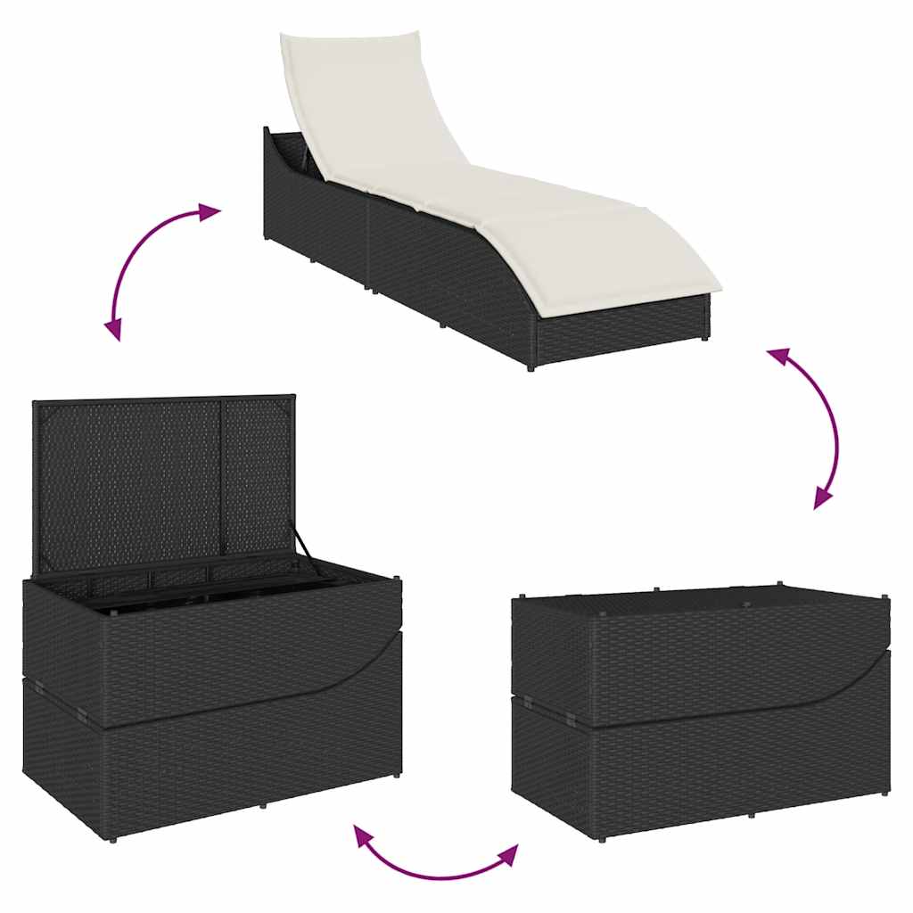 Folding Sun Lounger with Cushion and Storage Black Poly Rattan