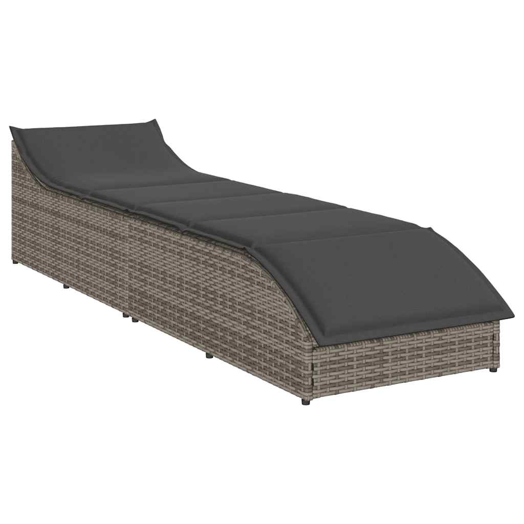 Folding Sun Lounger with Cushion and Storage Grey Poly Rattan