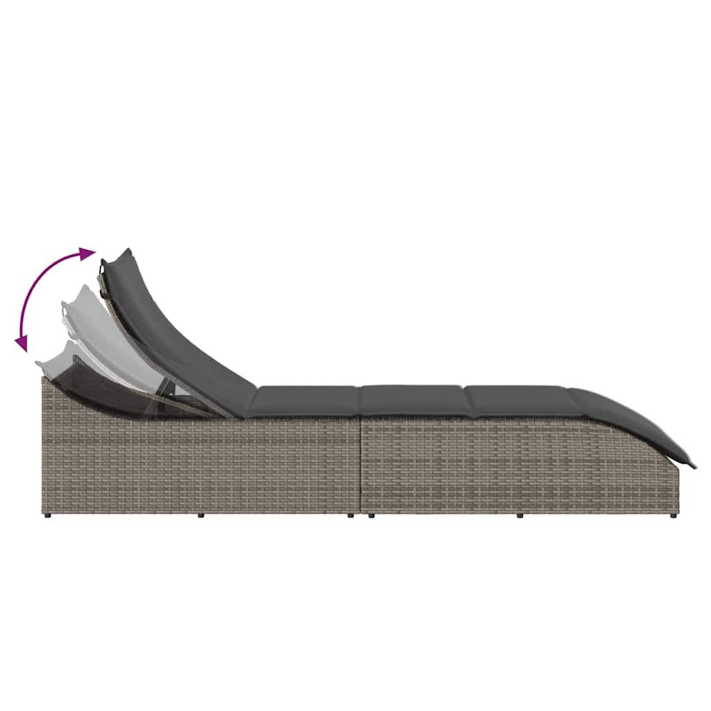 Folding Sun Lounger with Cushion and Storage Grey Poly Rattan