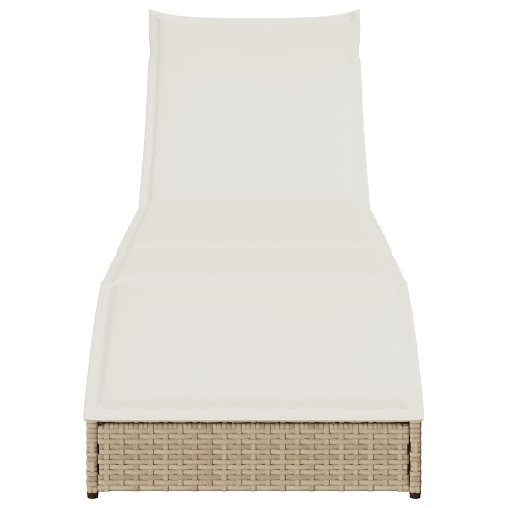 Folding Sun Lounger with Cushion and Storage Beige Poly Rattan