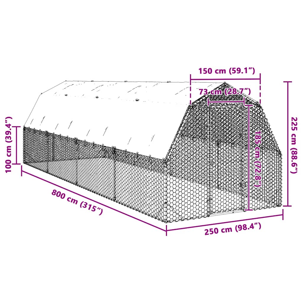 Chicken Run with Roof 2.5x8x2.25 m Galvanised Steel