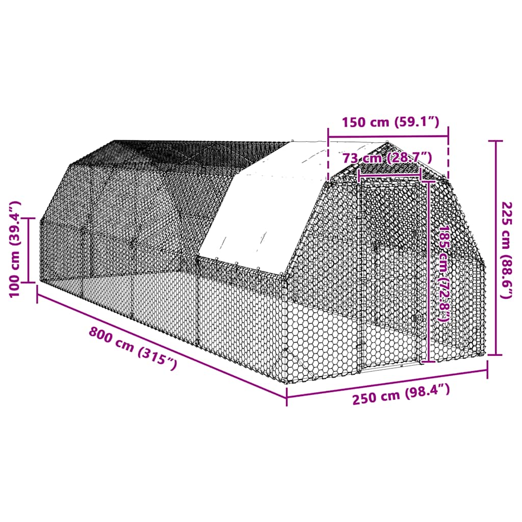 Chicken Run with Roof 2.5x8x2.25 m Galvanised Steel