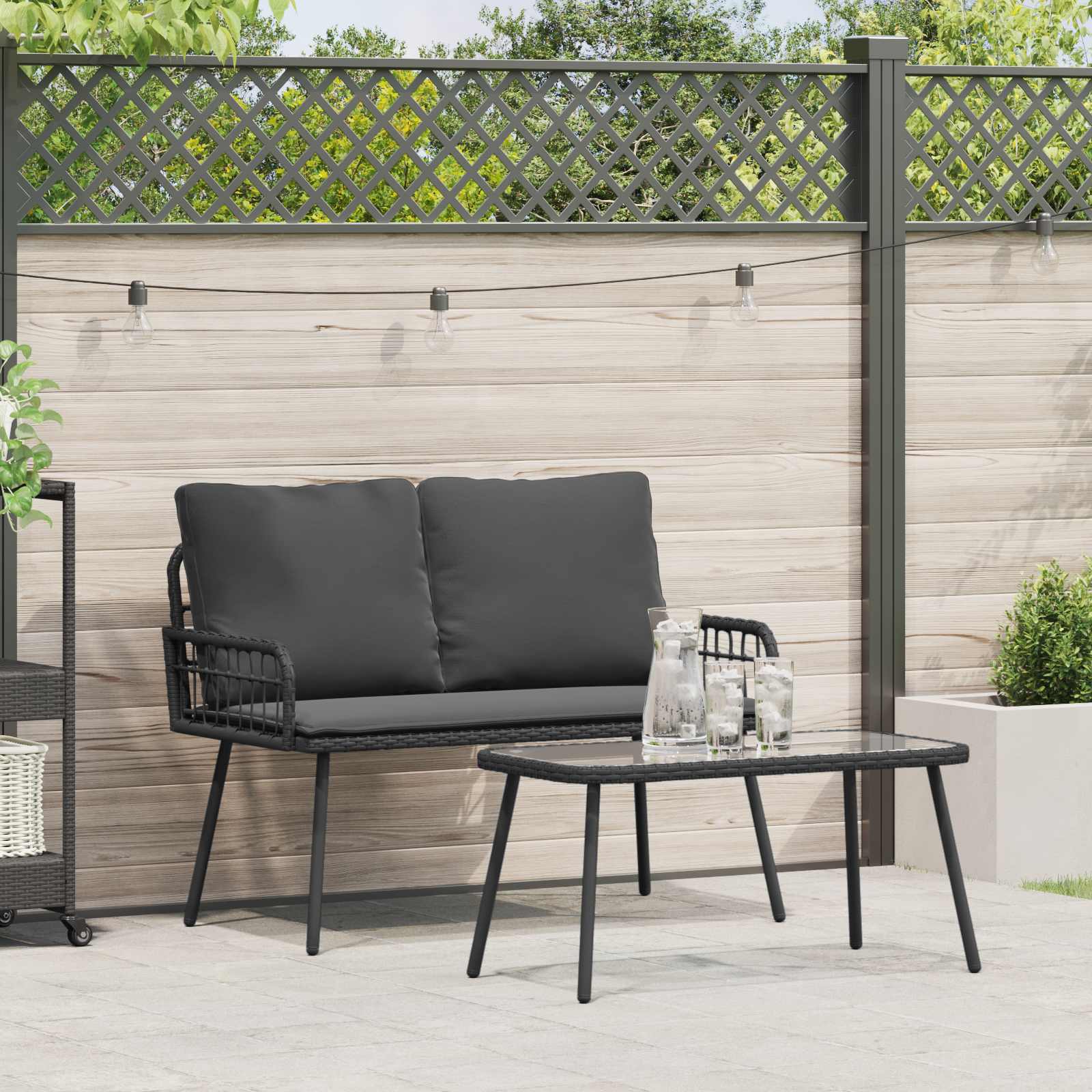 Garden Dining Set with Cushion 2 pcs Black Poly Rattan