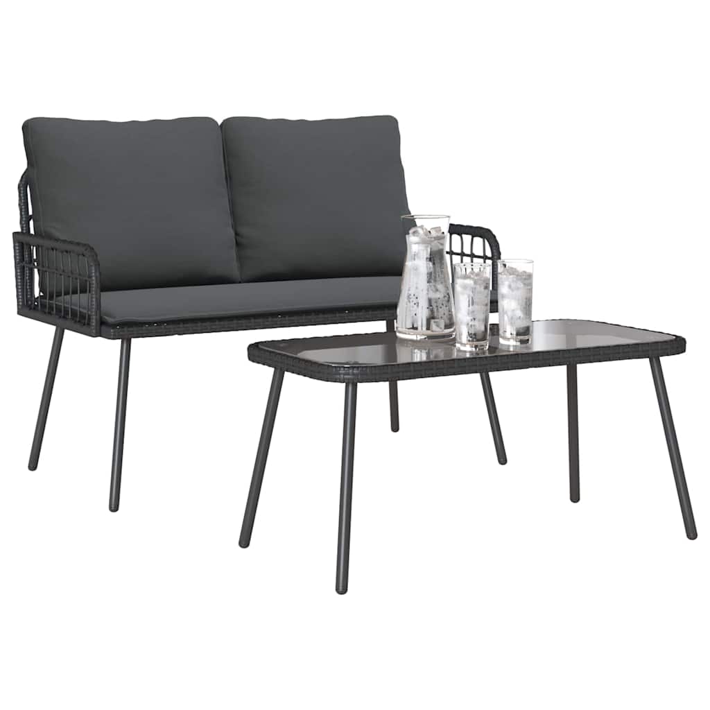 Garden Dining Set with Cushion 2 pcs Black Poly Rattan