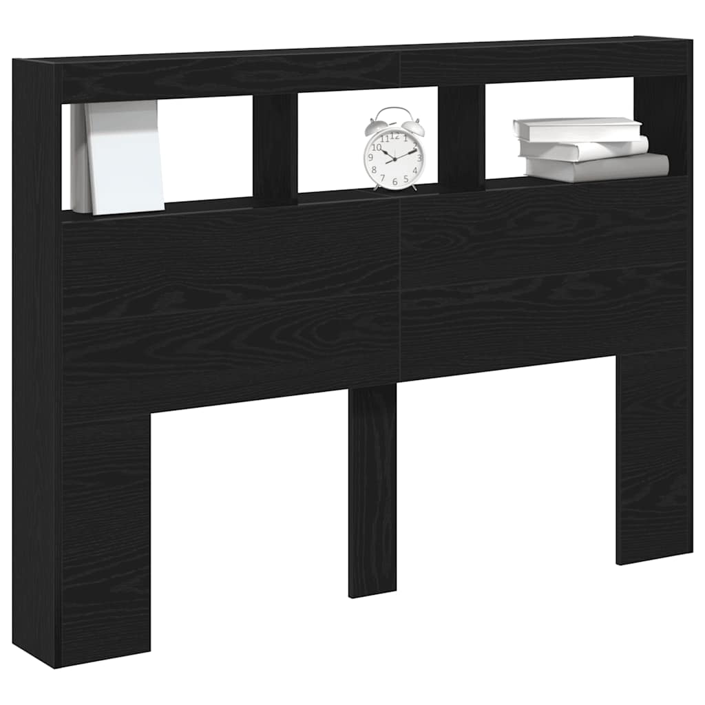 Headboard Cabinet with LED Black Oak 140x17x102 cm