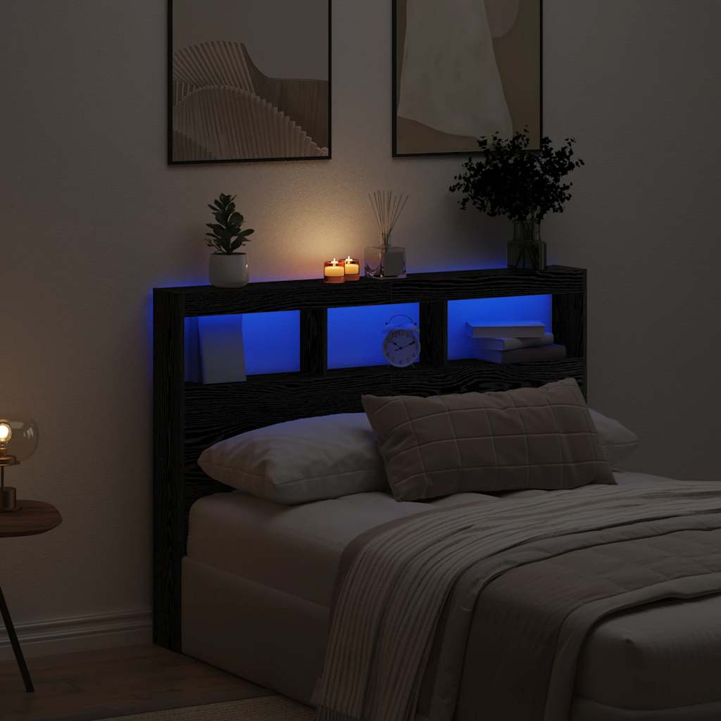 Headboard Cabinet with LED Black Oak 140x17x102 cm