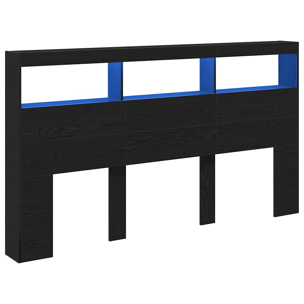 Headboard Cabinet with LED Black Oak 180x17x102 cm