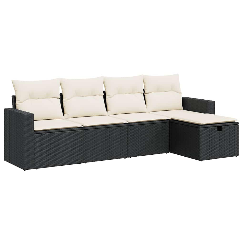 5 Piece Garden Sofa Set with Cushions Black Poly Rattan