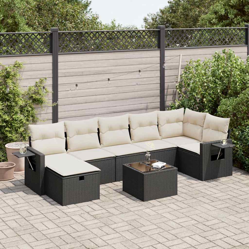 8 Piece Garden Sofa Set with Cushions Black Poly Rattan